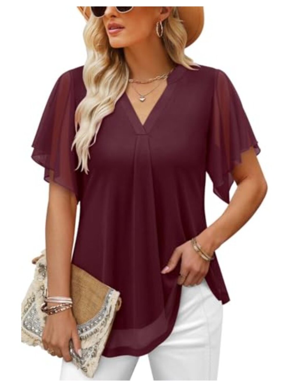 V Neck Short Sleeve Double Layer Mesh Blouse Casual Tunic Top Summer